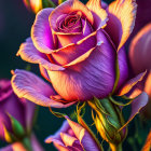 Vibrant purple roses with golden edges on dark background