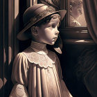 Sepia-toned vintage child illustration by window with reflection.