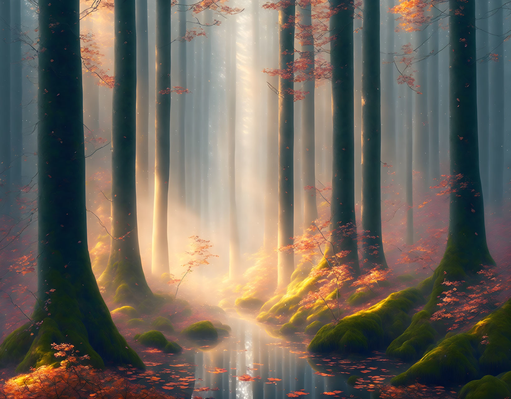 Autumn forest scene with sunrays, mist, stream, and moss-covered trees