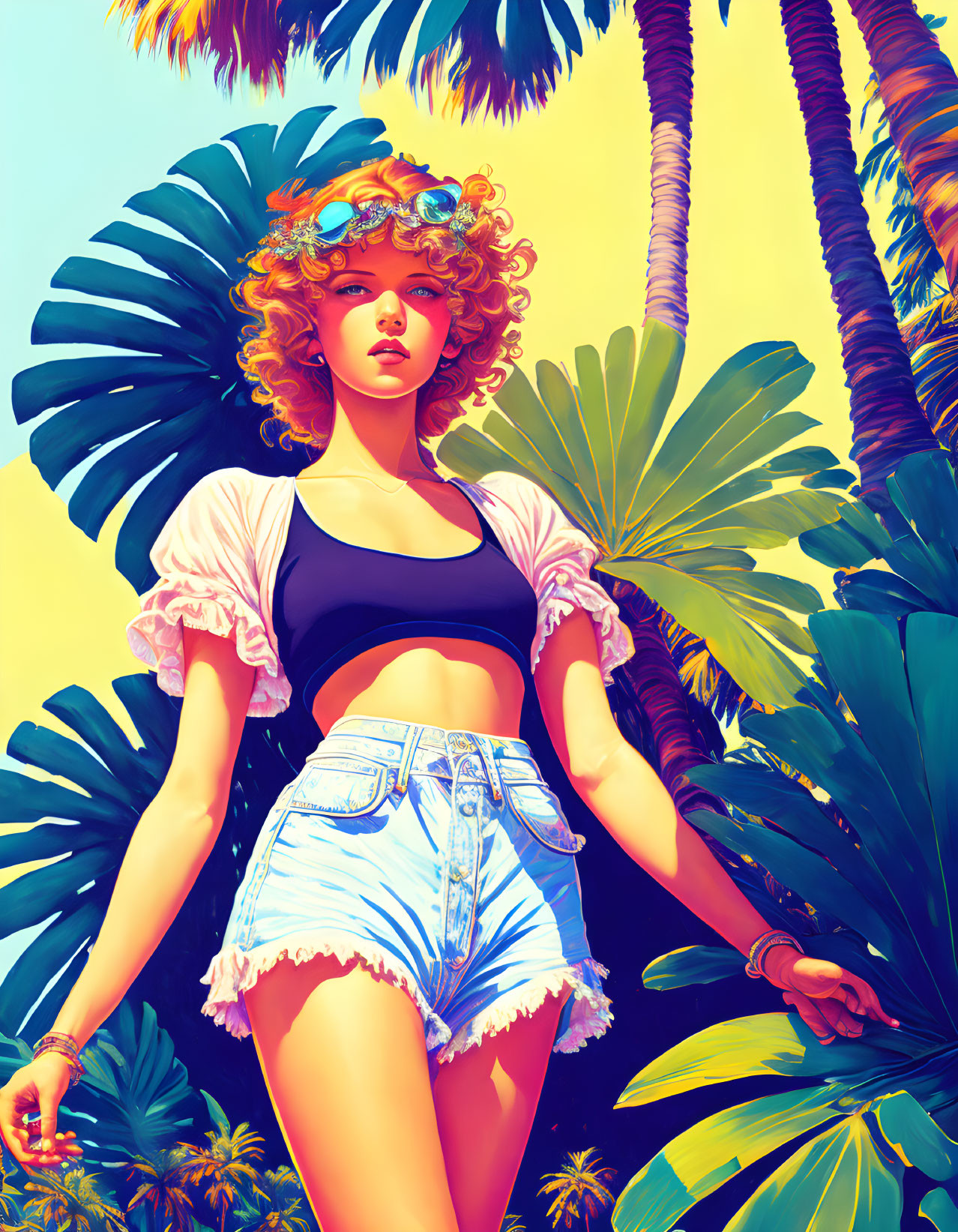 Illustration: Woman in summer outfit with denim shorts and crop top among tropical palm trees under sunny sky