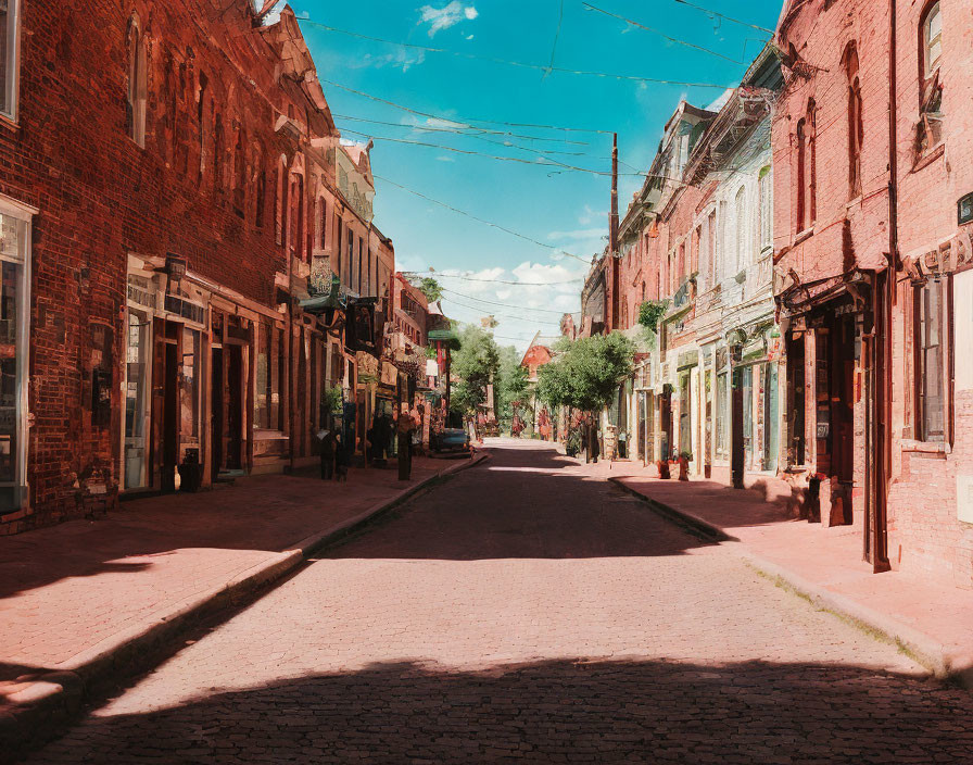 Historic red brick buildings on sunny cobblestone street