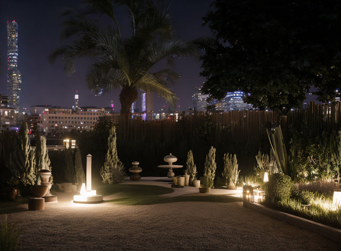 Tranquil Rooftop Garden at Night with City Skyline