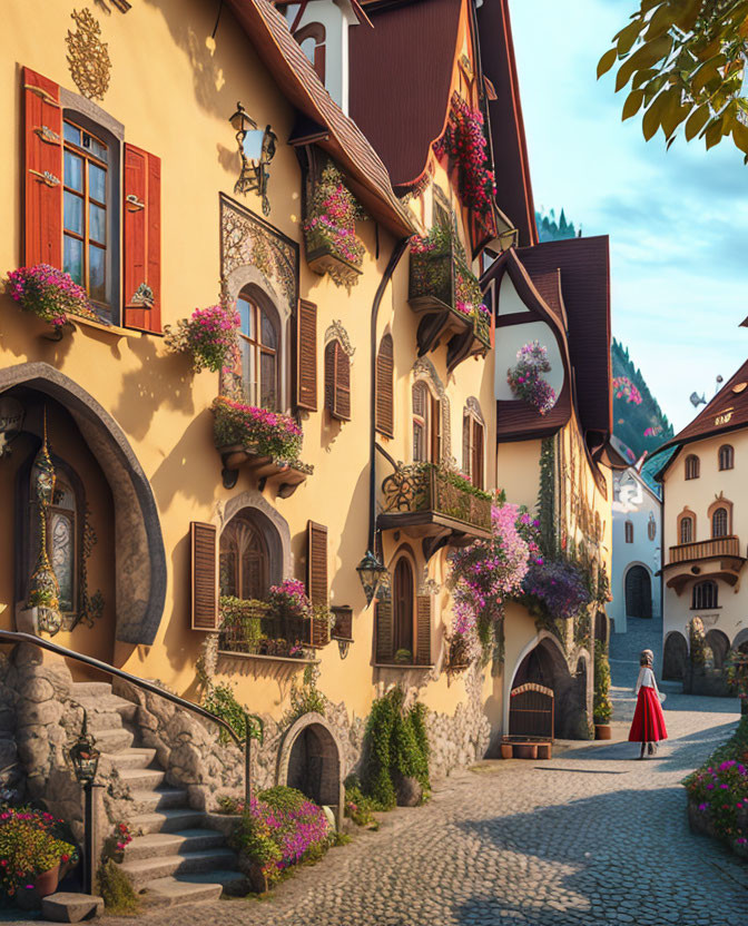 Woman in Red Dress Passing European-style Building with Vibrant Flowers