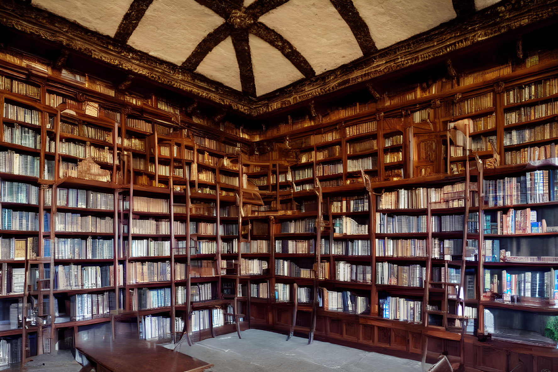 Vintage library room with wooden shelves, vaulted ceiling, and reading table