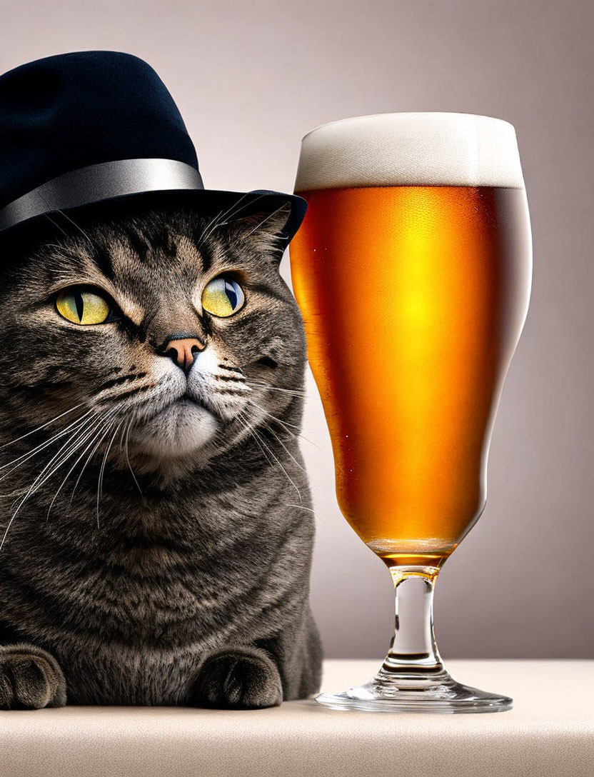 Grey Cat with Black Hat Next to Frothy Beer Glass on Beige Background