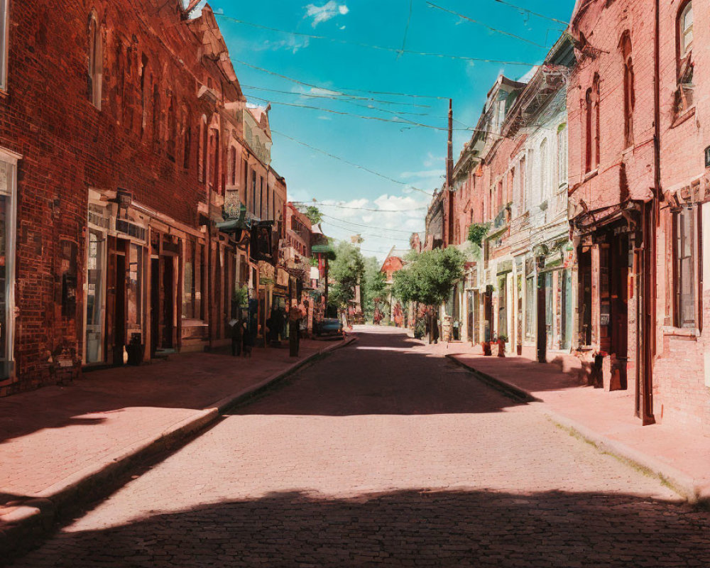 Historic red brick buildings on sunny cobblestone street