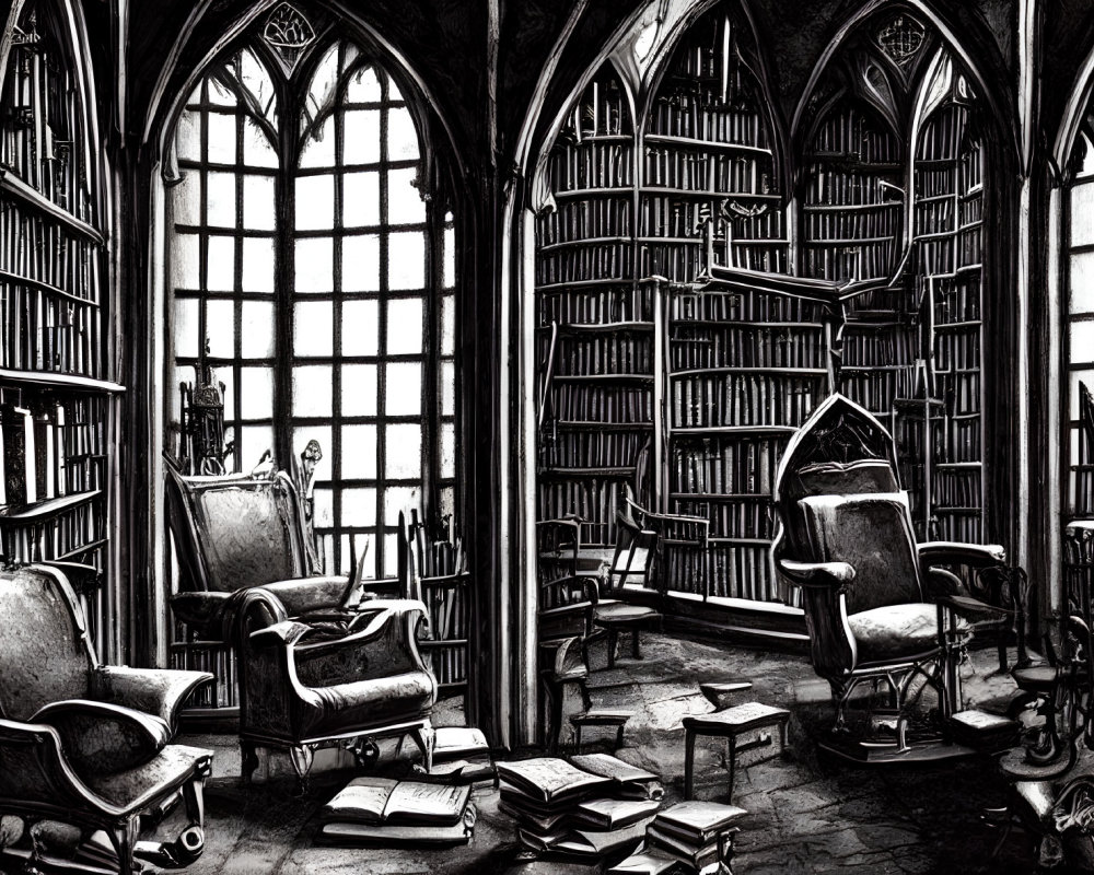 Monochrome gothic-style library illustration with tall windows and book-filled shelves