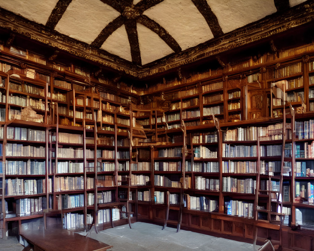 Vintage library room with wooden shelves, vaulted ceiling, and reading table