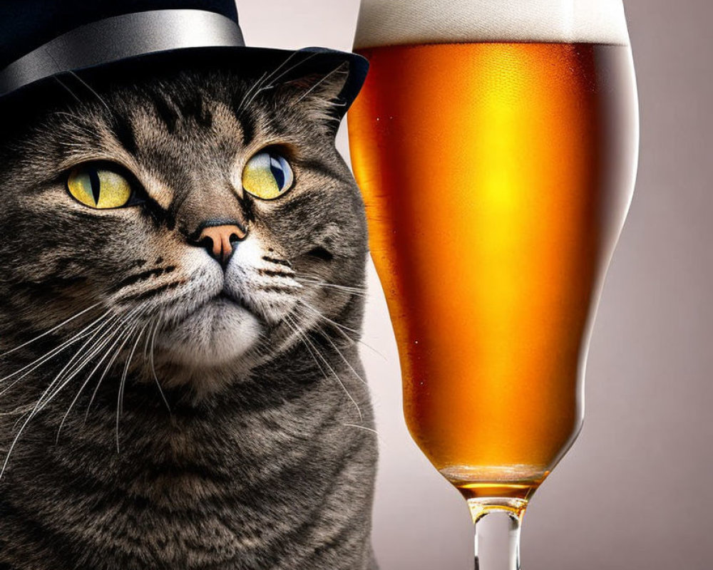 Grey Cat with Black Hat Next to Frothy Beer Glass on Beige Background