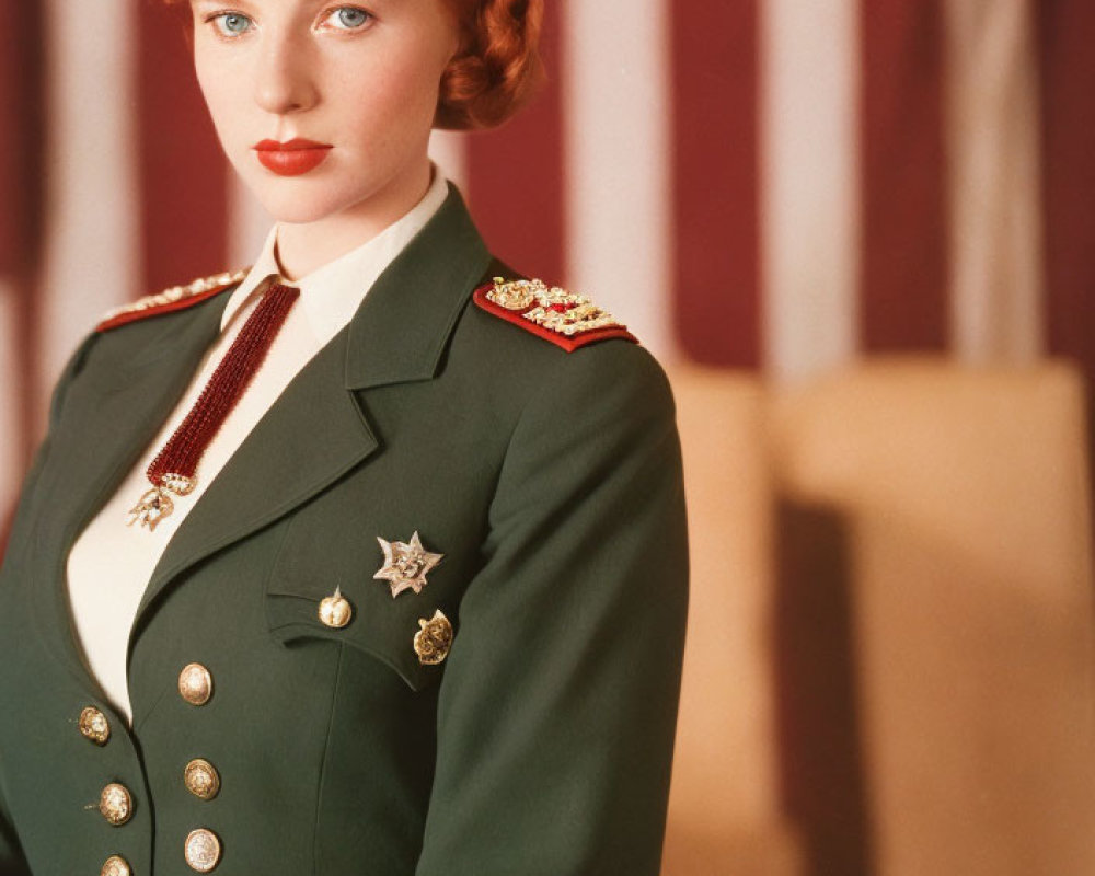 Military woman in uniform with star badge poses against red curtain in vintage style