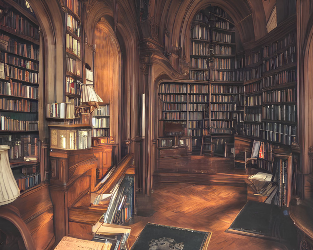 Luxurious Wooden Library with Towering Bookshelves