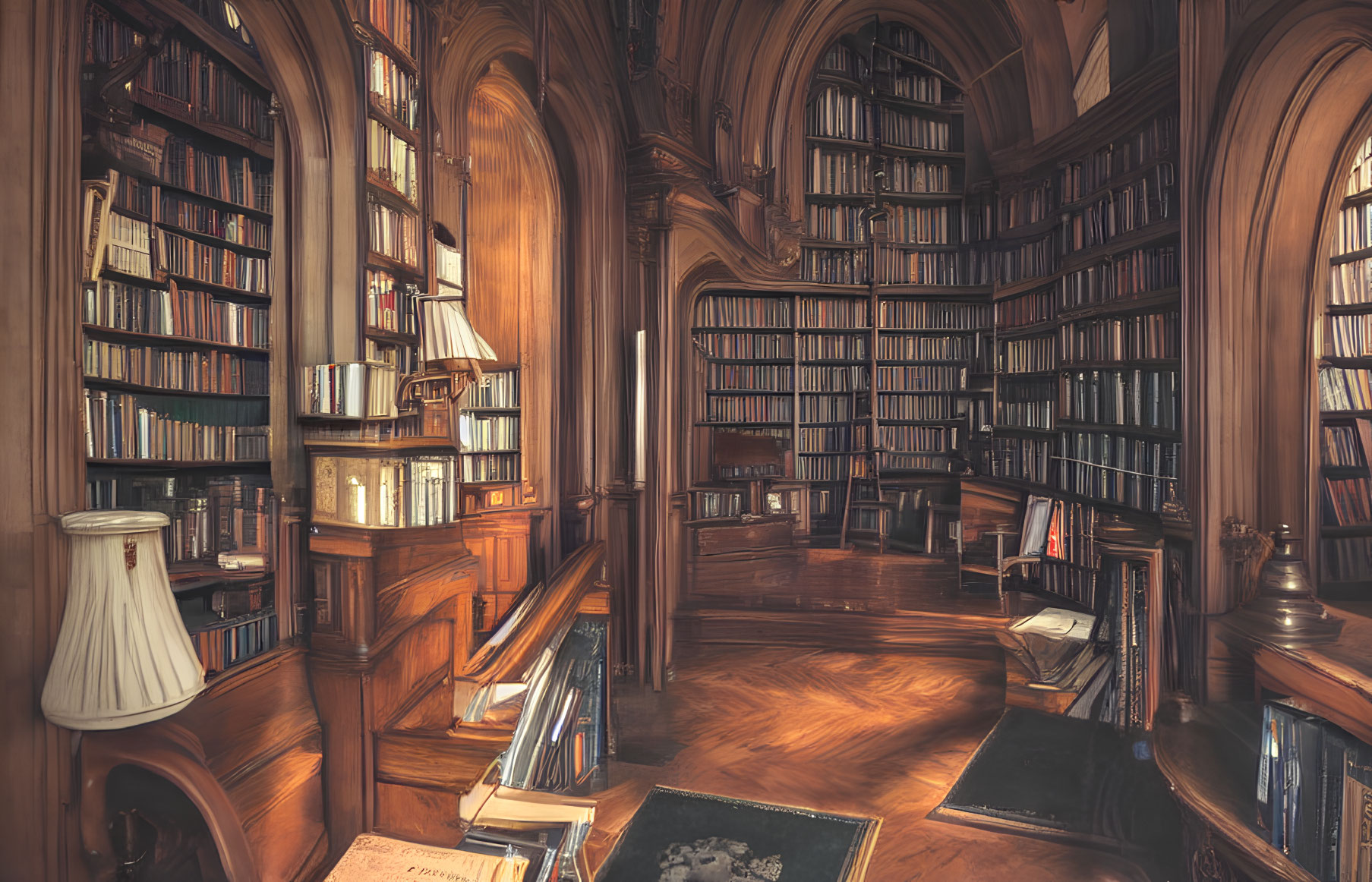 Luxurious Wooden Library with Towering Bookshelves