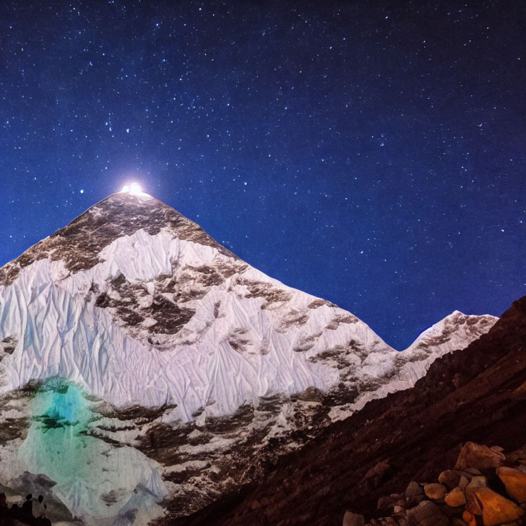 Snow-Capped Mountain Peak under Starry Sky with Bright Star and Greenish Glow