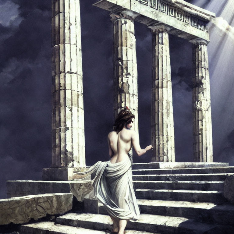 Woman in white toga climbs ancient stone steps near columned ruins under dramatic sky