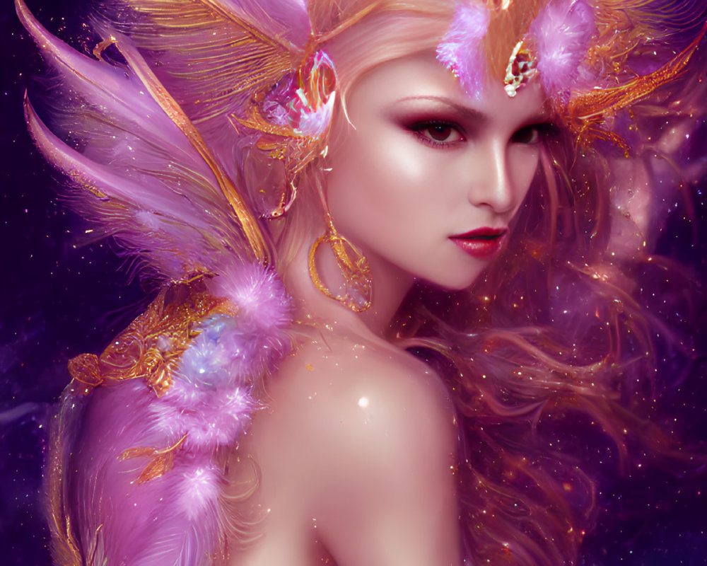 Golden headdress and feathers on ethereal being in starry backdrop