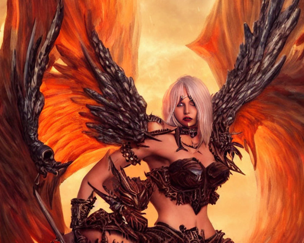 Fantasy illustration of winged female with silver hair and fiery wings