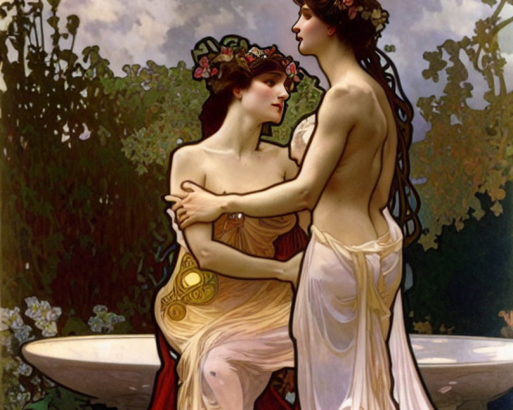 Two women in classical garb embrace near a fountain amidst lush foliage.