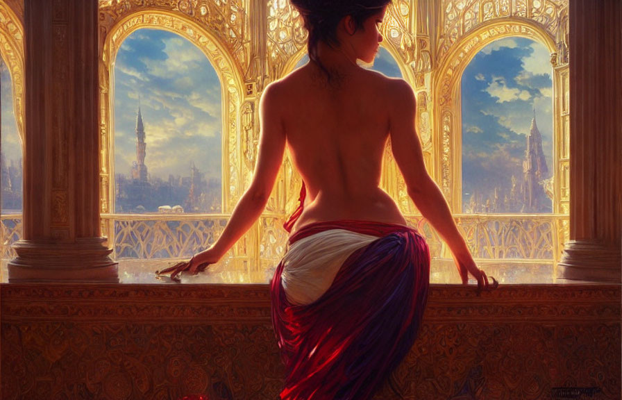 Woman admires golden sunset through ornate window in fantasy cityscape.