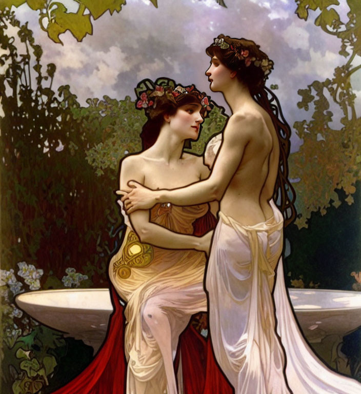 Two women in classical garb embrace near a fountain amidst lush foliage.