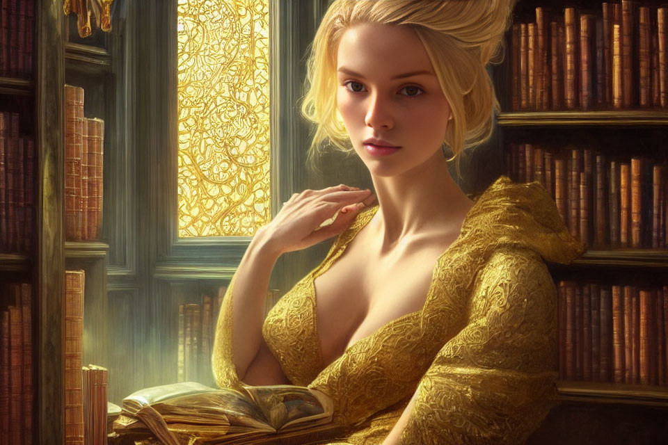 Blonde woman in golden dress by bookshelf in sunlight