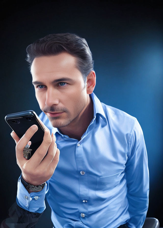 Man in Blue Shirt Holding Smartphone in Soft Lighting