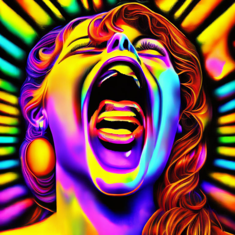 Colorful digital artwork of a screaming face with neon palette