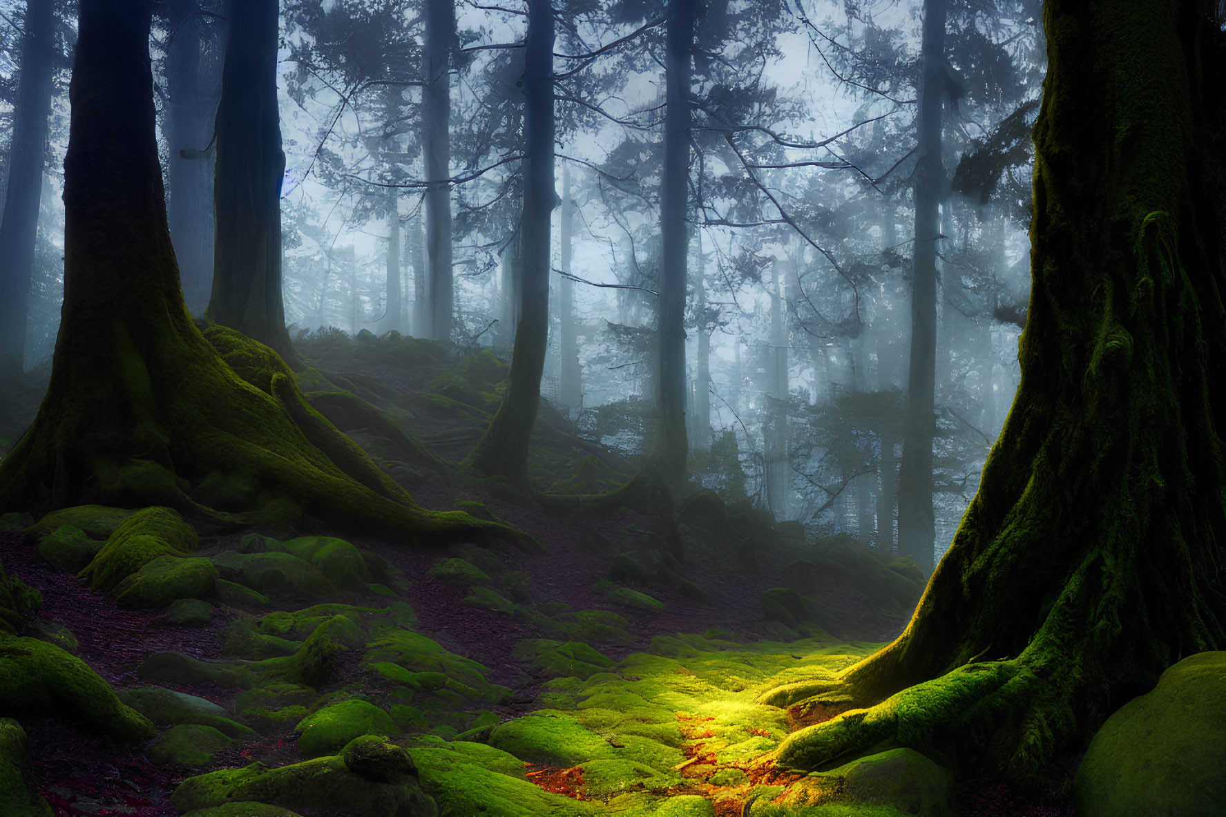 Sunlit mystical forest with ancient trees and moss-covered ground