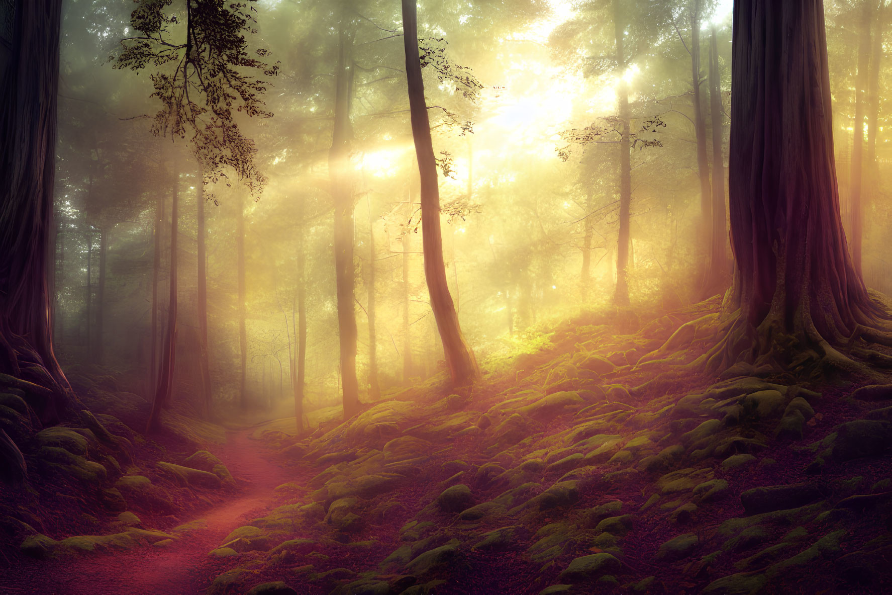 Sunlit Forest Path with Mossy Terrain and Tall Trees