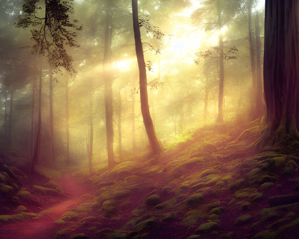 Sunlit Forest Path with Mossy Terrain and Tall Trees