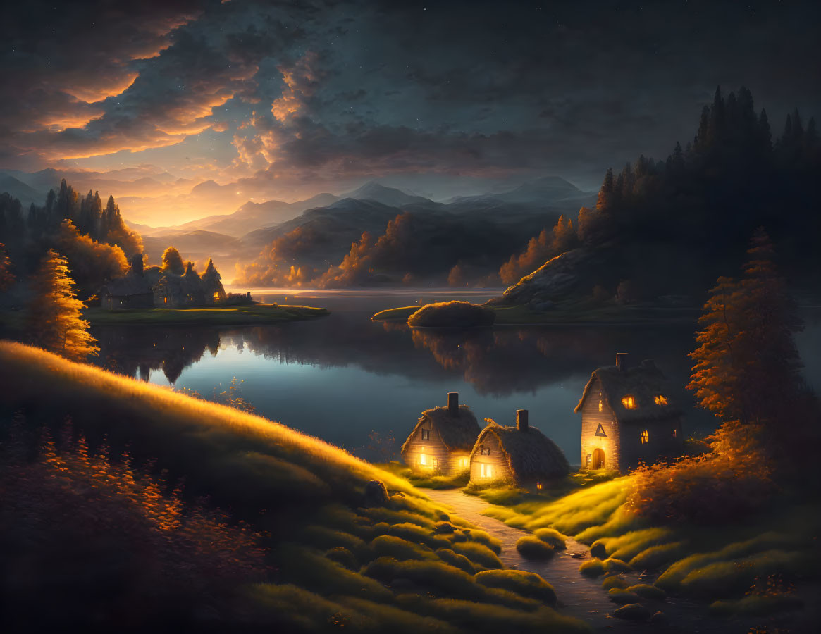 Tranquil night landscape: cottages, lake, mountains