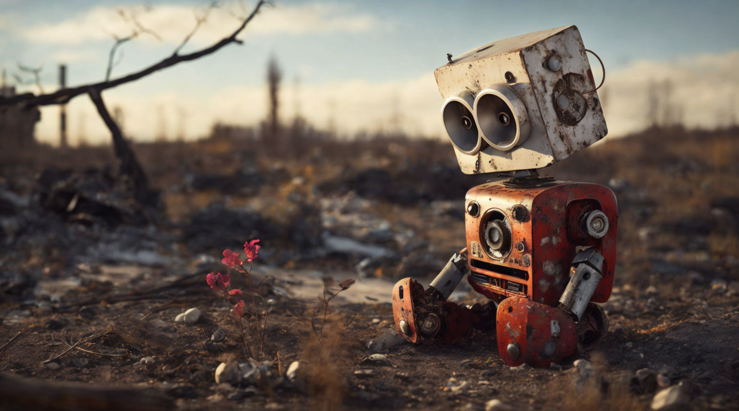 Rusty robot with binocular eyes in barren landscape with wilted tree and red flowers.