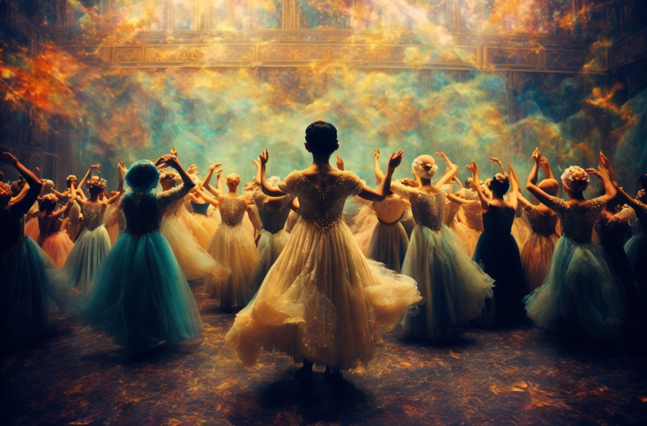 Ethereal ballerinas in tutus on stage with warm lighting