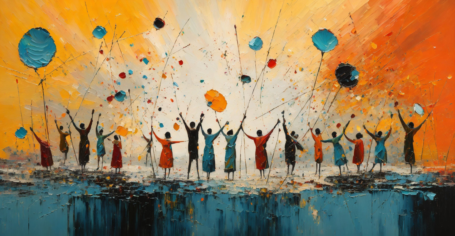 Colorful Balloons Held by Silhouetted Figures in Vibrant Painting