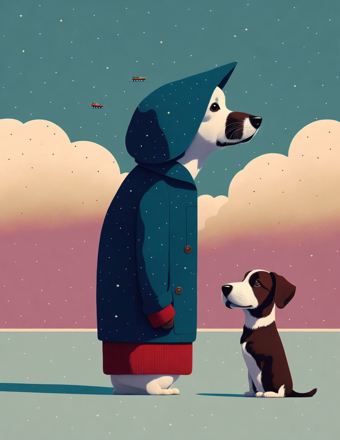 Large dog in hooded coat with smaller dog under dreamy sky