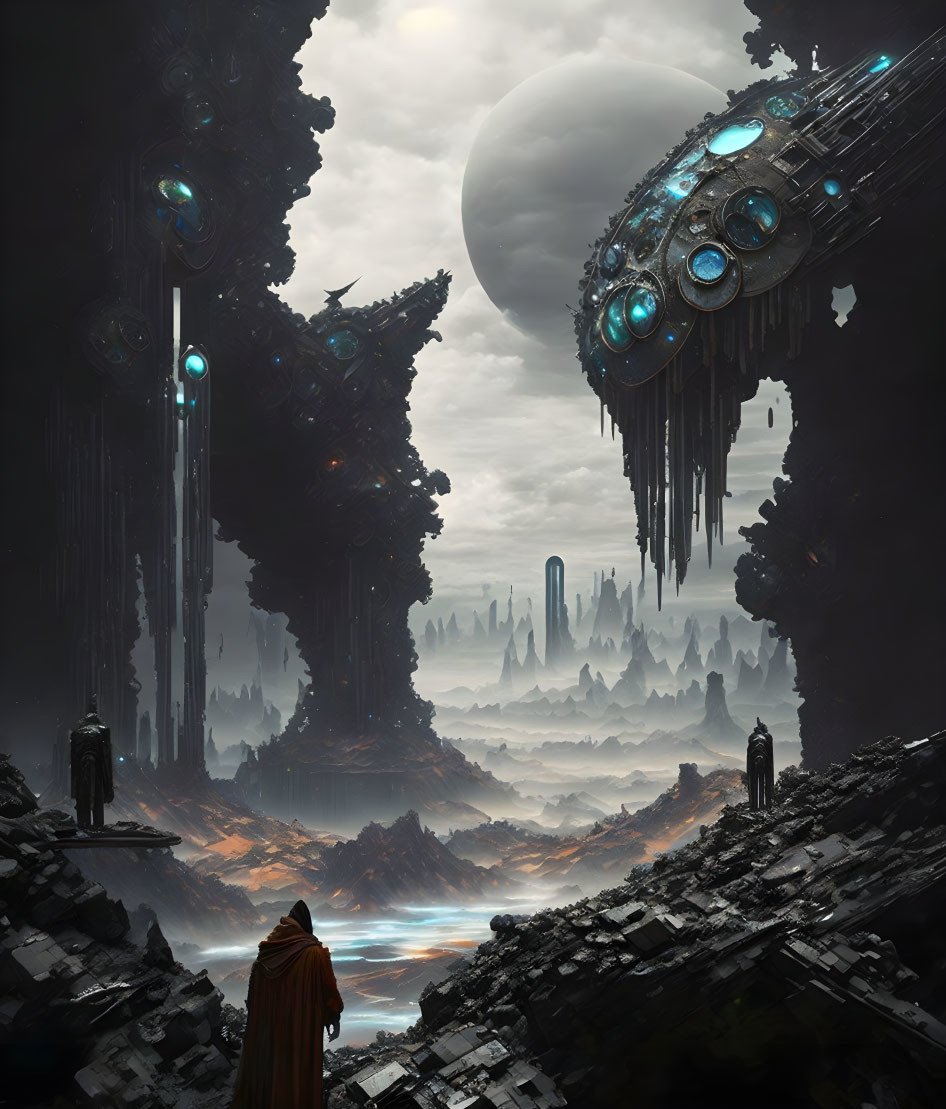 Cloaked figure in ruins views futuristic landscape with spaceships and moon