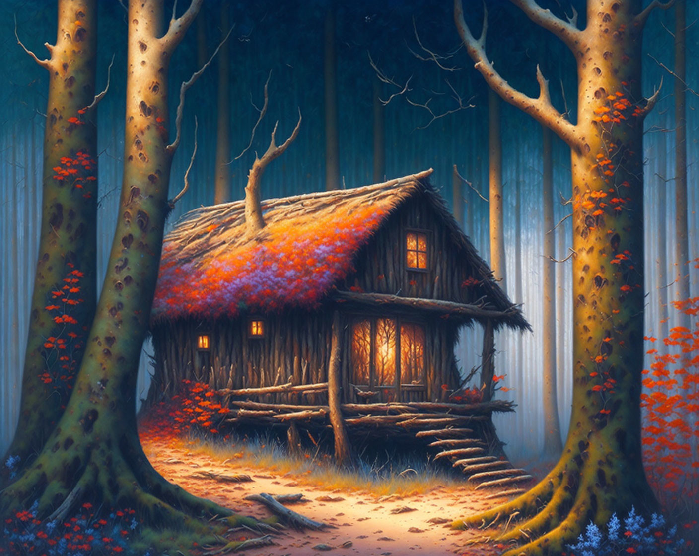 Cozy wooden cottage among autumn trees at twilight