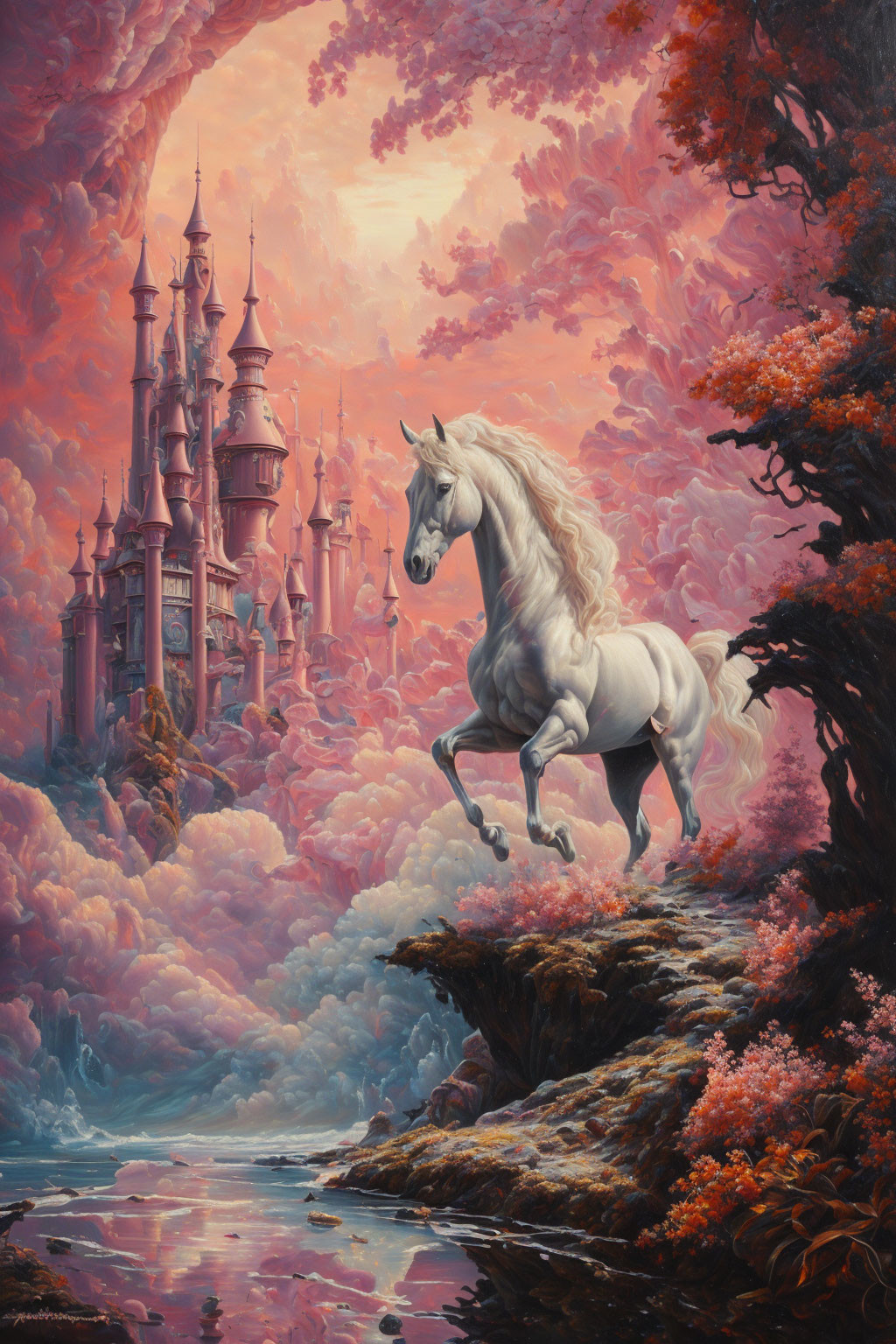 White unicorn on precipice with pink forest & castle in background