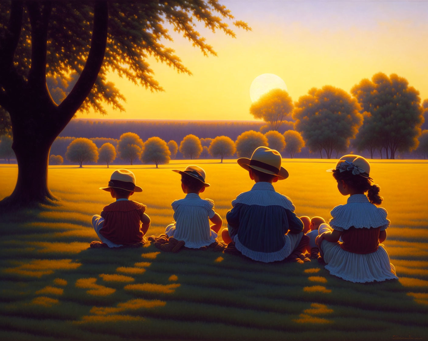 Four People in Vintage Clothing Watching Sunset in Vibrant Landscape