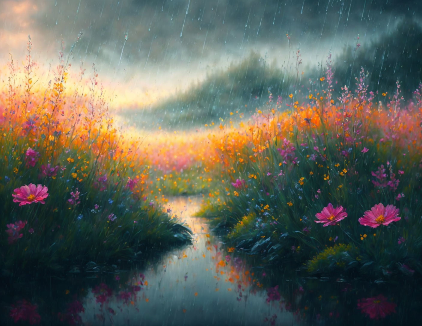 Colorful Meadow with Pink and Yellow Flowers in Rainfall