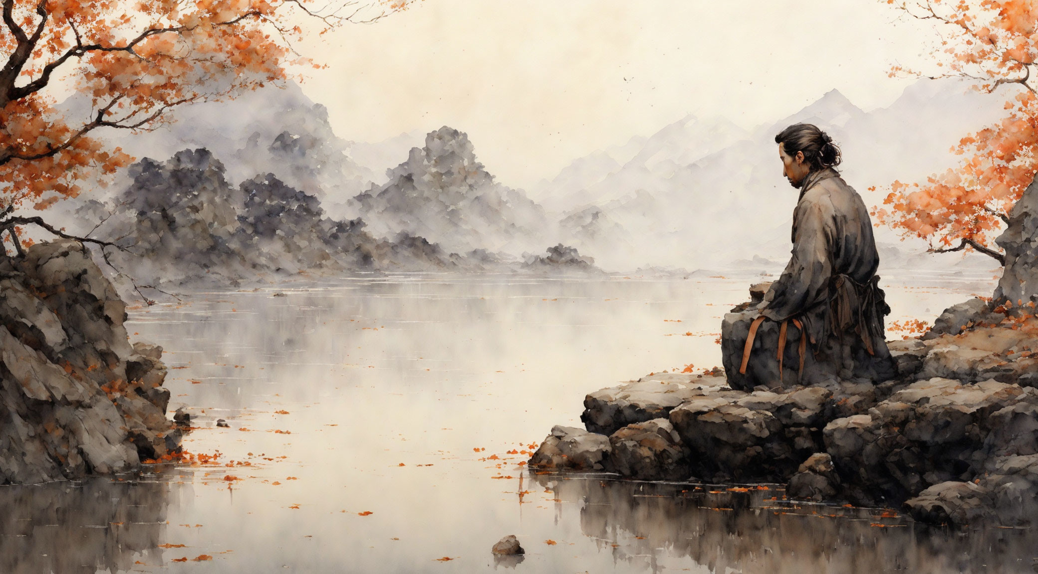 Traditional Asian Landscape Painting with Figure by Misty Lake