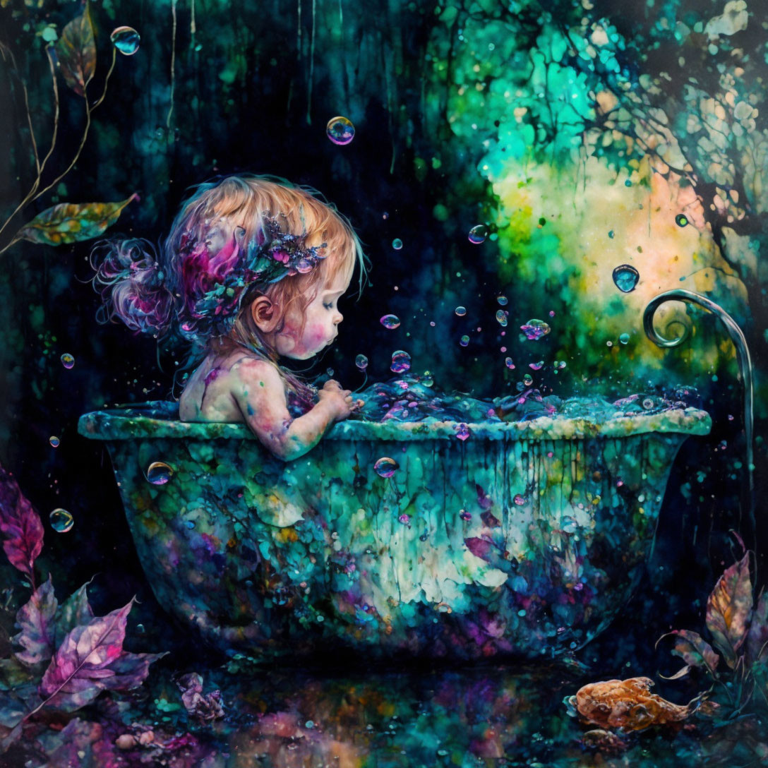 Child in whimsical bathtub with bubbles and nature against dreamlike green and blue backdrop