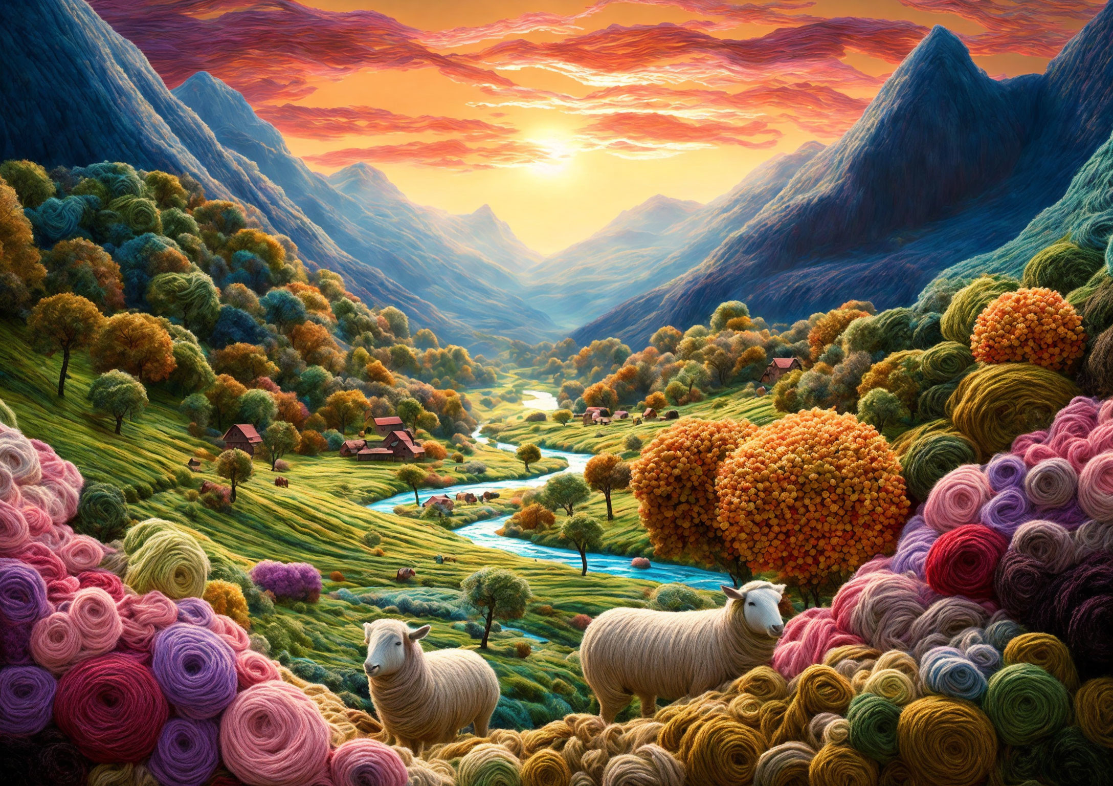 Colorful sunset landscape with rolling hills, river, yarn-like sheep, and vibrant trees.