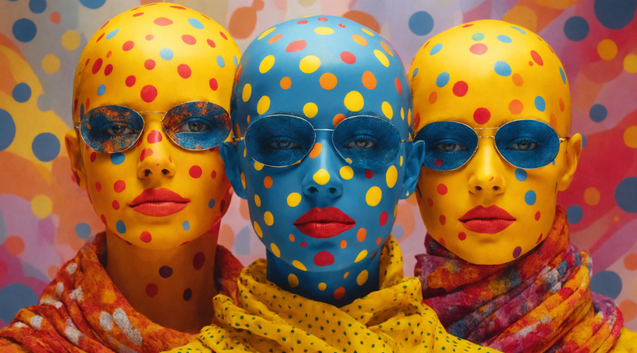 Three people with polka-dot painted faces and yellow headscarves in circular sunglasses on a dotted background