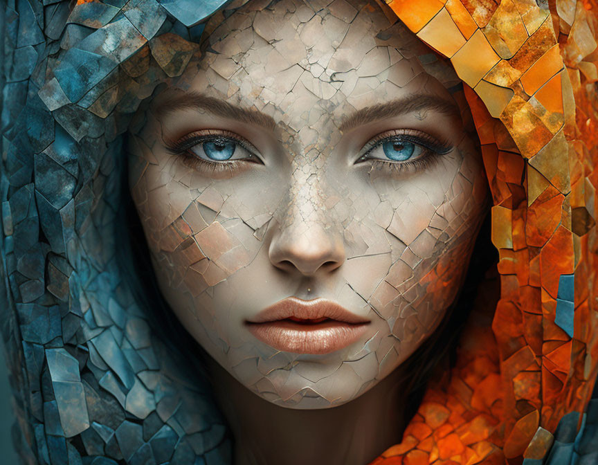 Colorful fractal-like patterns adorn woman's skin in portrait on orange and blue background.