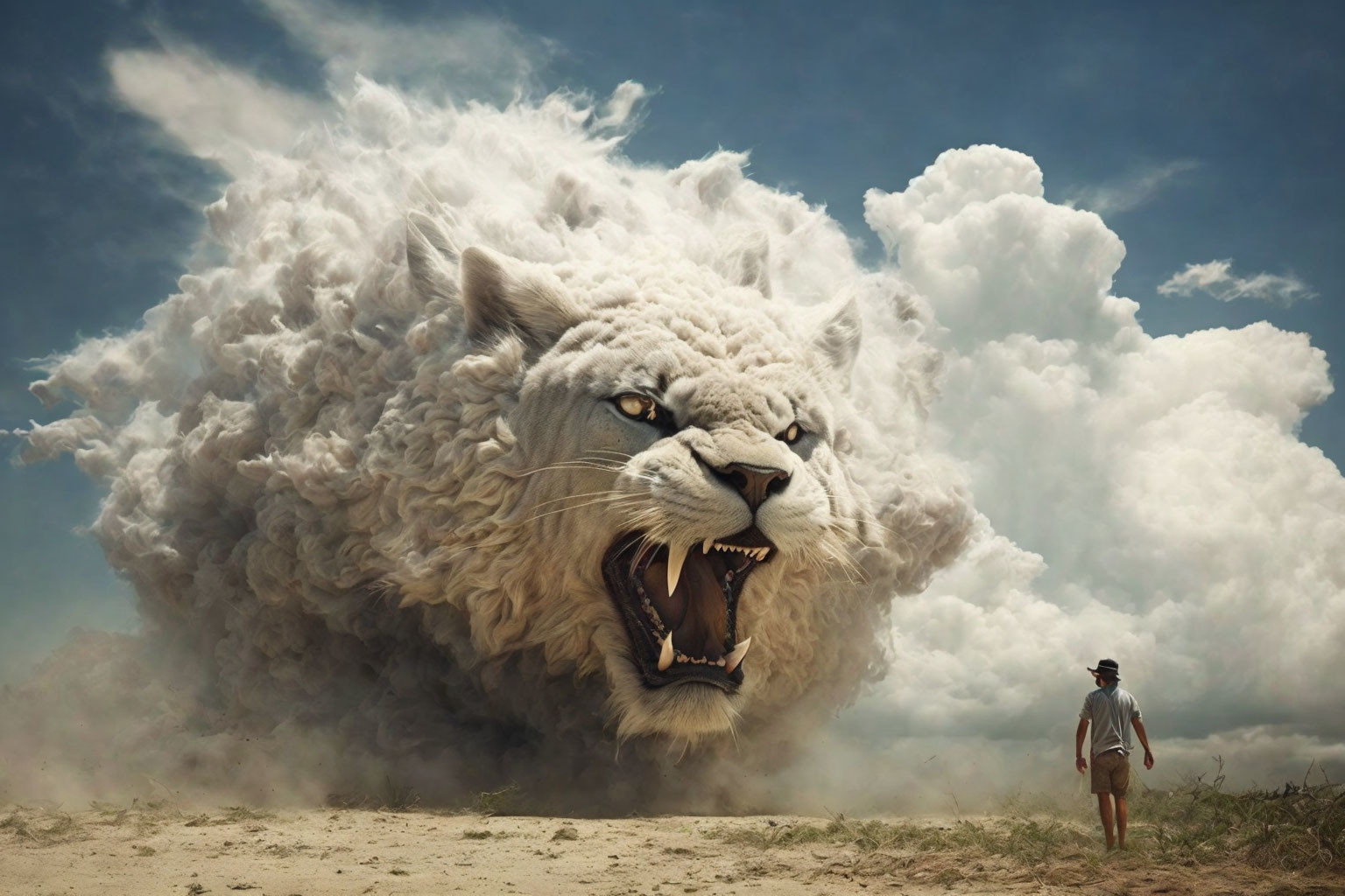 Gigantic lion's head in roaring stance among billowing clouds