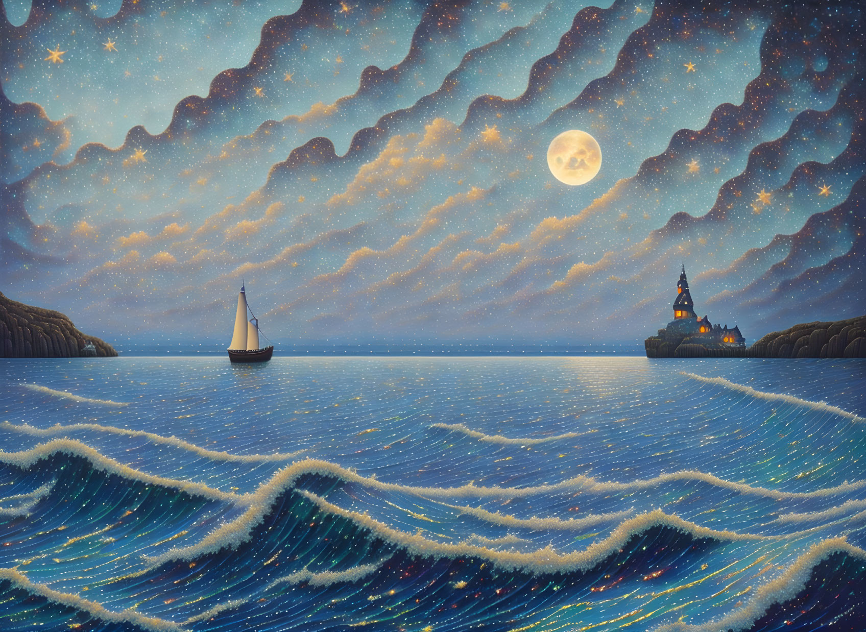 Nighttime seascape with full moon, sailing boat, lit castle, and starry skies reflected in