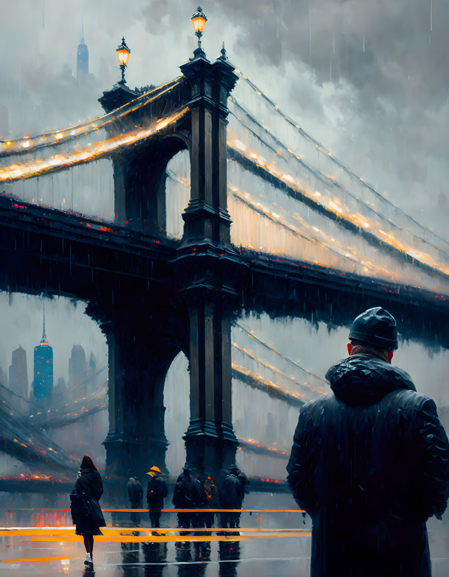 Figure in dark coat gazes at rain-soaked Brooklyn Bridge scene.