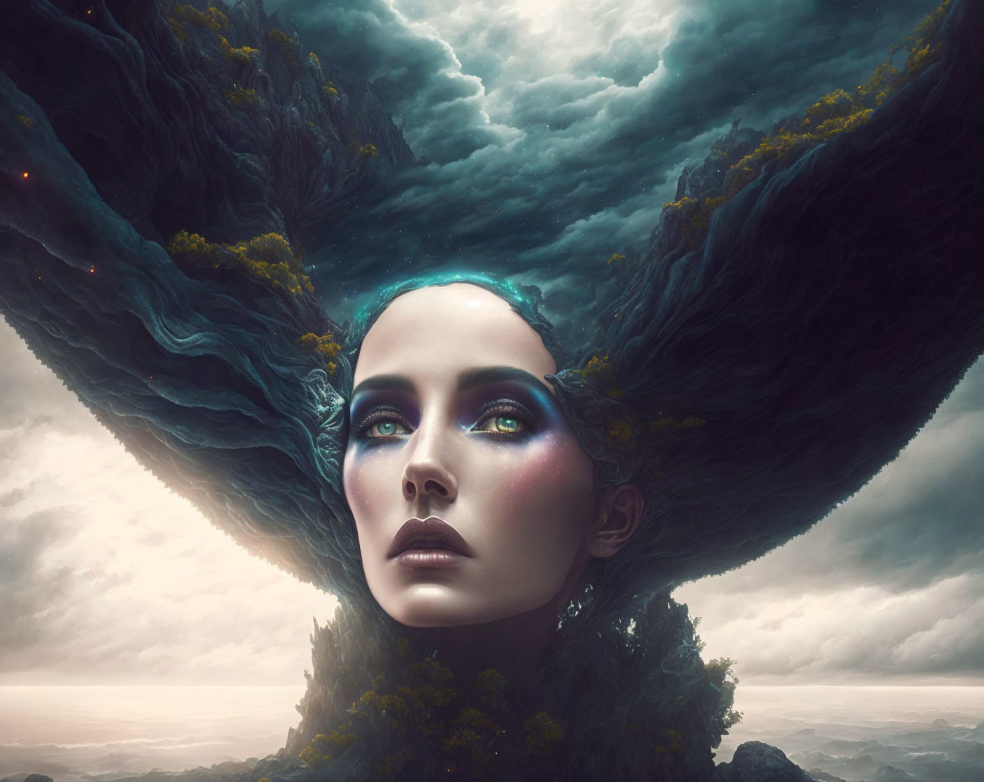 Surreal portrait: woman's head emerges from rocky landscape under stormy sky