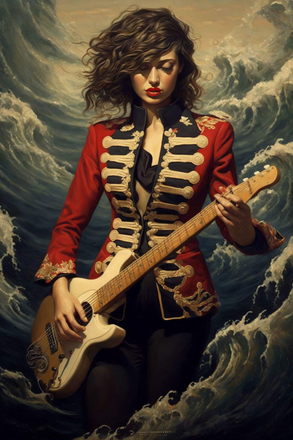 Stylized painting of woman in red jacket playing guitar against ocean backdrop