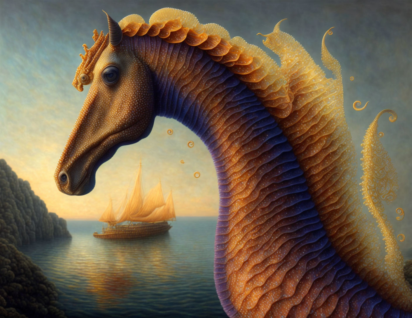 Mythical sea creature with horse head and dragon body in ocean with ship